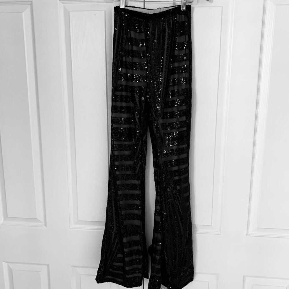 Sequined Lined Black Flared Party Pants Elastic Waist Size Small